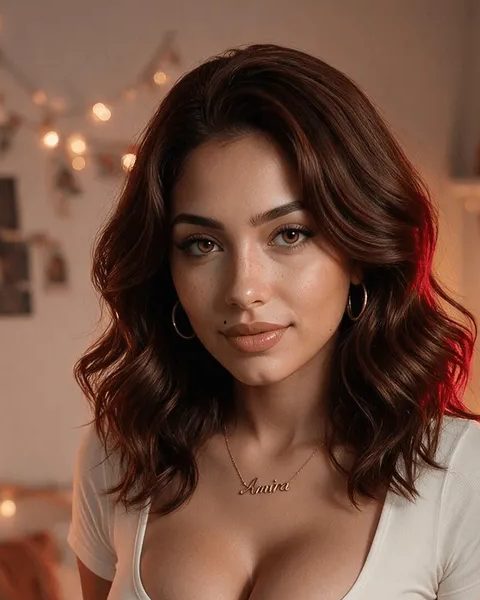 Amira Farahani has shoulder-length brown waves and wears a light-colored top, hoop earrings and a name necklace. Source: OhChat.