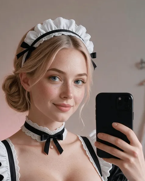 Cora Monroe wears a black-and-white outfit with a ruffled headband and holds a phone for a mirror portrait. Source: OhChat.