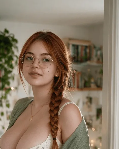 Ingrid Petrova wears round glasses, a side braid and a green cardigan in a plant-filled room. Source: OhChat.