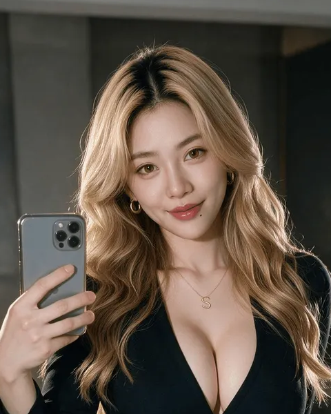 Suki Wang has long blonde waves and wears a black V-neck top, hoop earrings and a letter pendant. Source: OhChat.