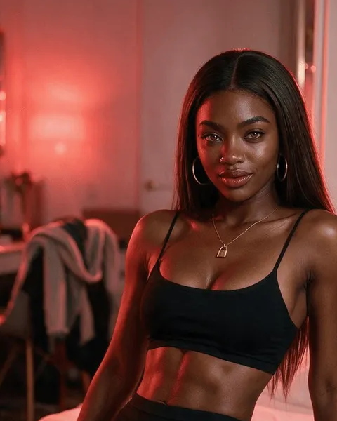Nia Dupree wears a black cropped top and a small pendant in a softly lit red room. Source: OhChat.